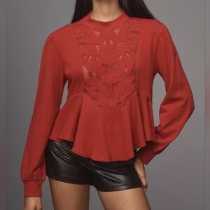 By Anthropologie Cutwork Swing Top, Red Wine, Size Women's XS, Oversized